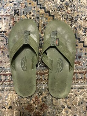 Rainbow Olive Green Leather Flip Sandals with Branded Tab